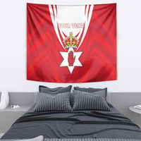 Red personalized tapestry wall hanging with crest, white star, and top text label