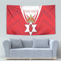 Red personalized tapestry wall hanging featuring crown crest and white star with hand