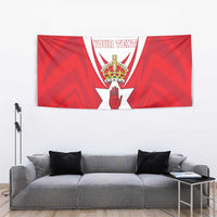Red personalized tapestry wall hanging with crest crown, white star, and 'YOUR TEXT'