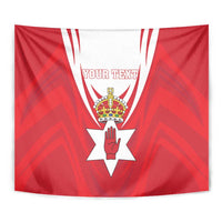 Red personalized tapestry wall hanging close-up of crown crest, hand star, and YOUR TEXT