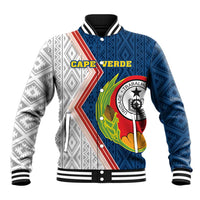 Unisex baseball jacket with blue, white and red geometric panels, crest, ribbed collar