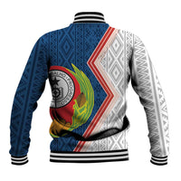 Back baseball jacket view with blue and white pattern, red chevron, crest graphic, ribbed hem