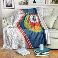 Cape Verde-themed blanket with blue, red, and white chevron stripes and crest emblem