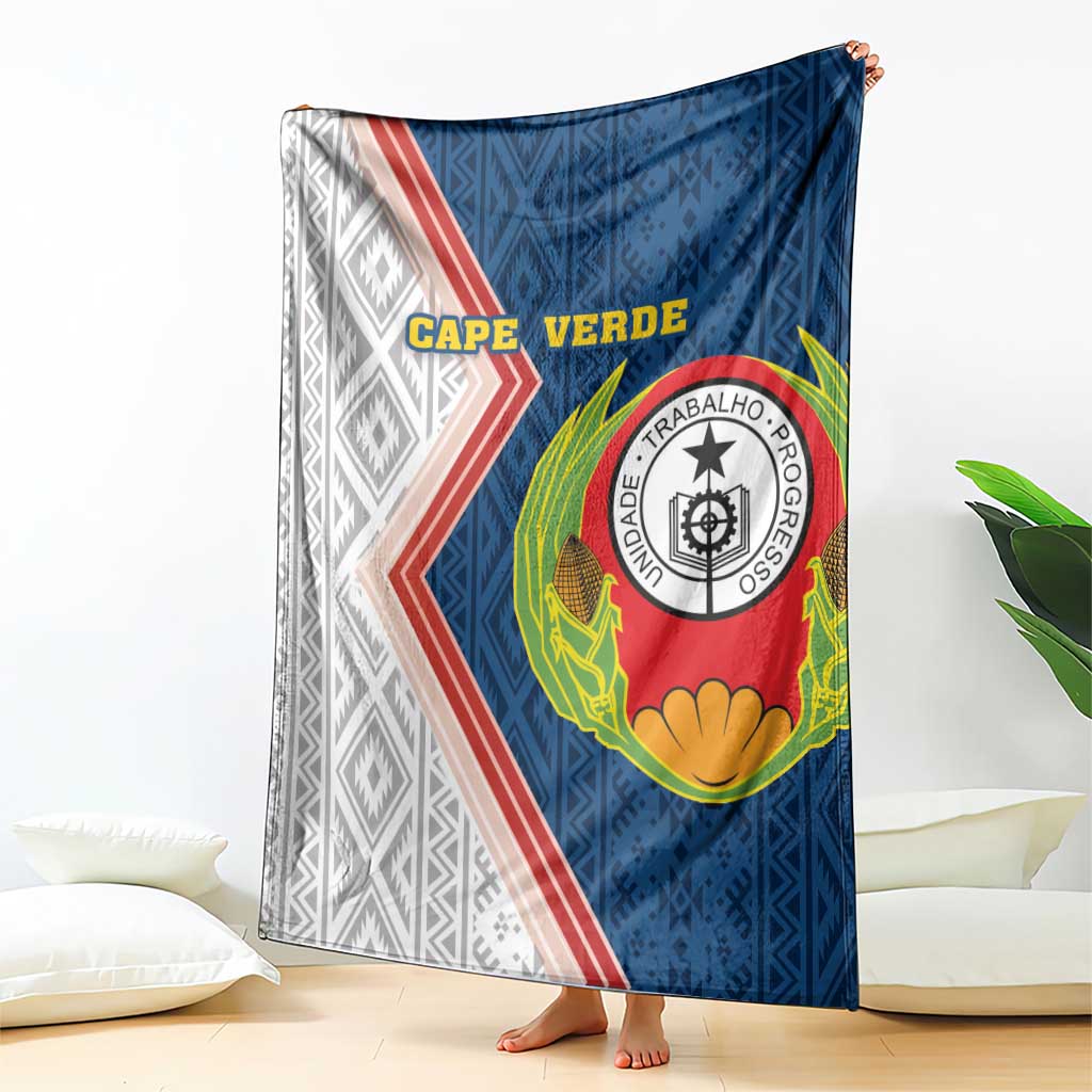 Cape Verde-themed blanket upright with blue, red, and white chevrons and crest logo
