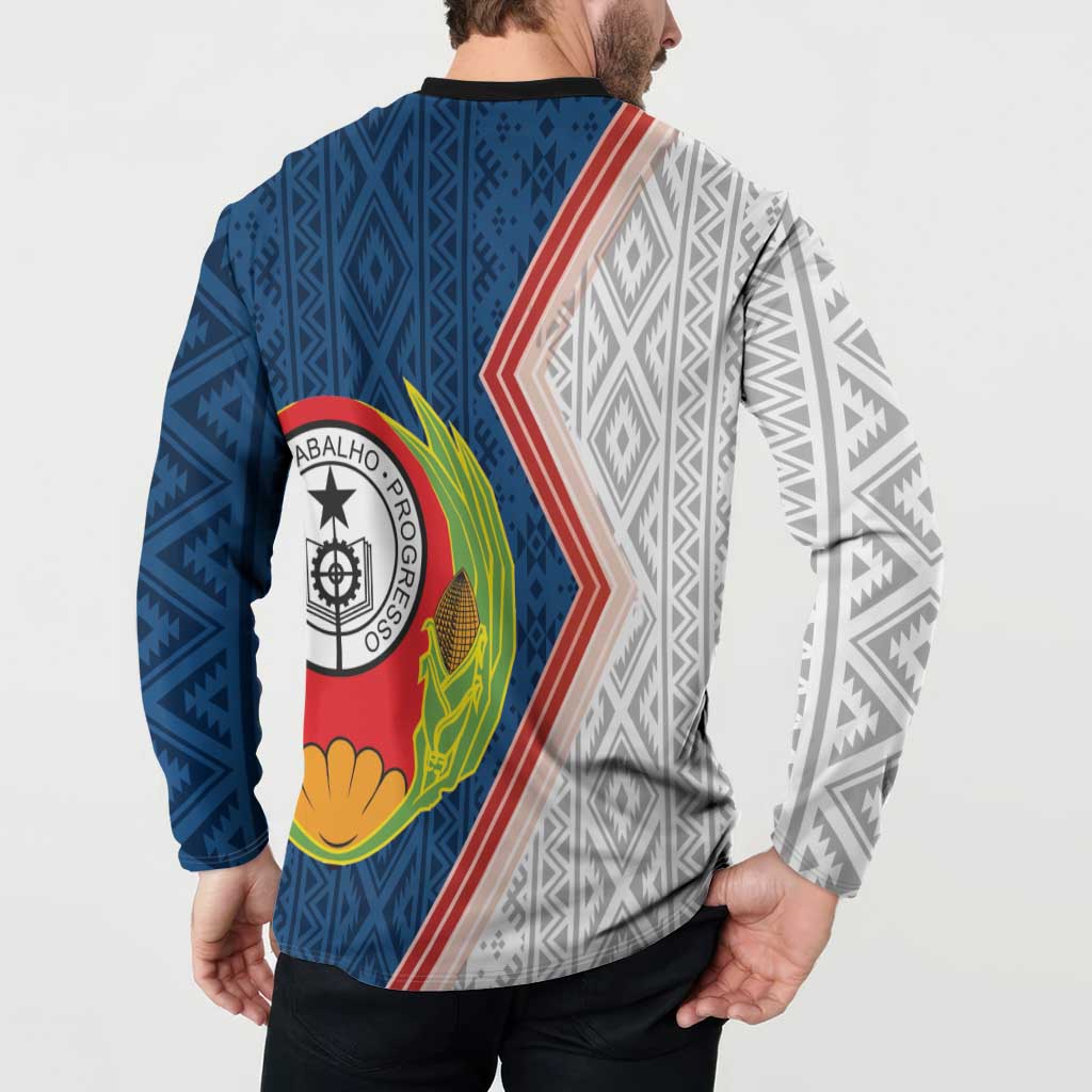 Button sweatshirt back view with blue-and-white patterning and flag emblem