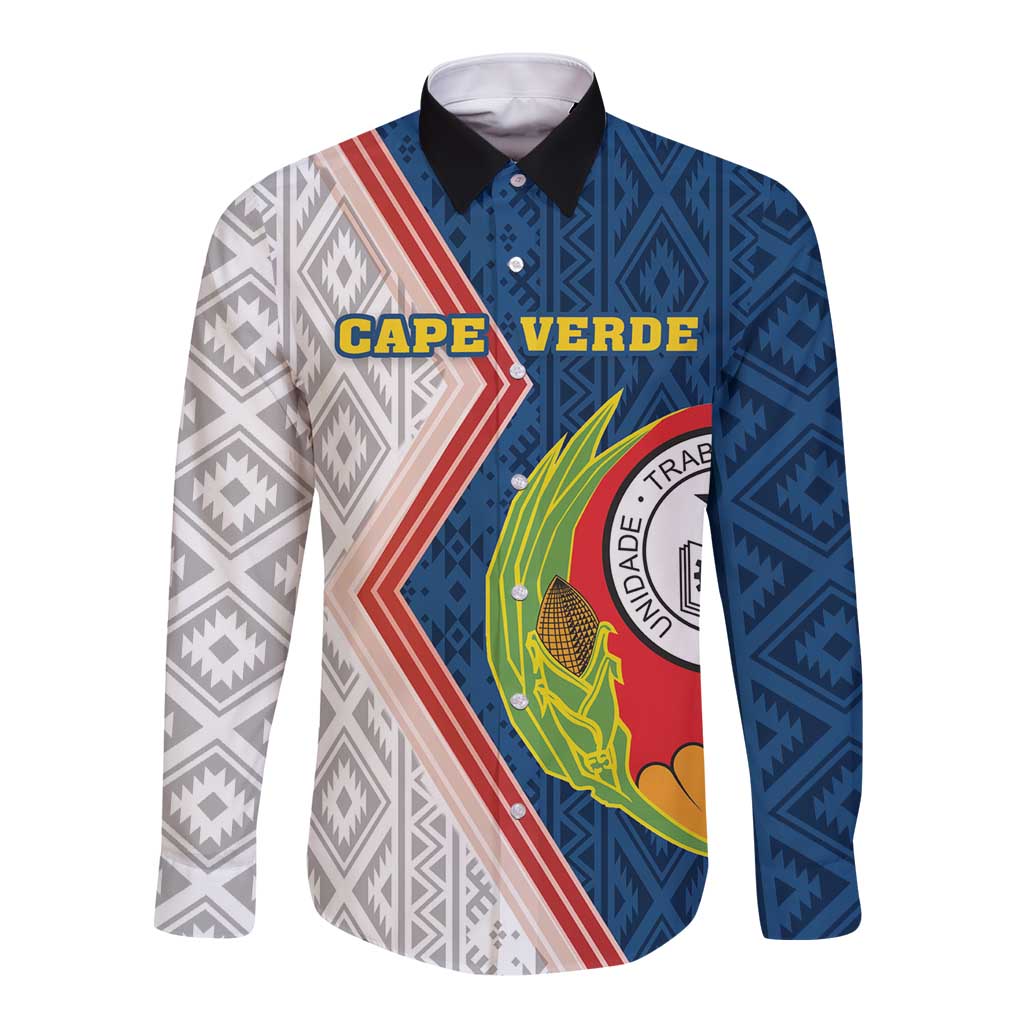 Long sleeve button shirt, blue-white-red geometric pattern with crest graphic