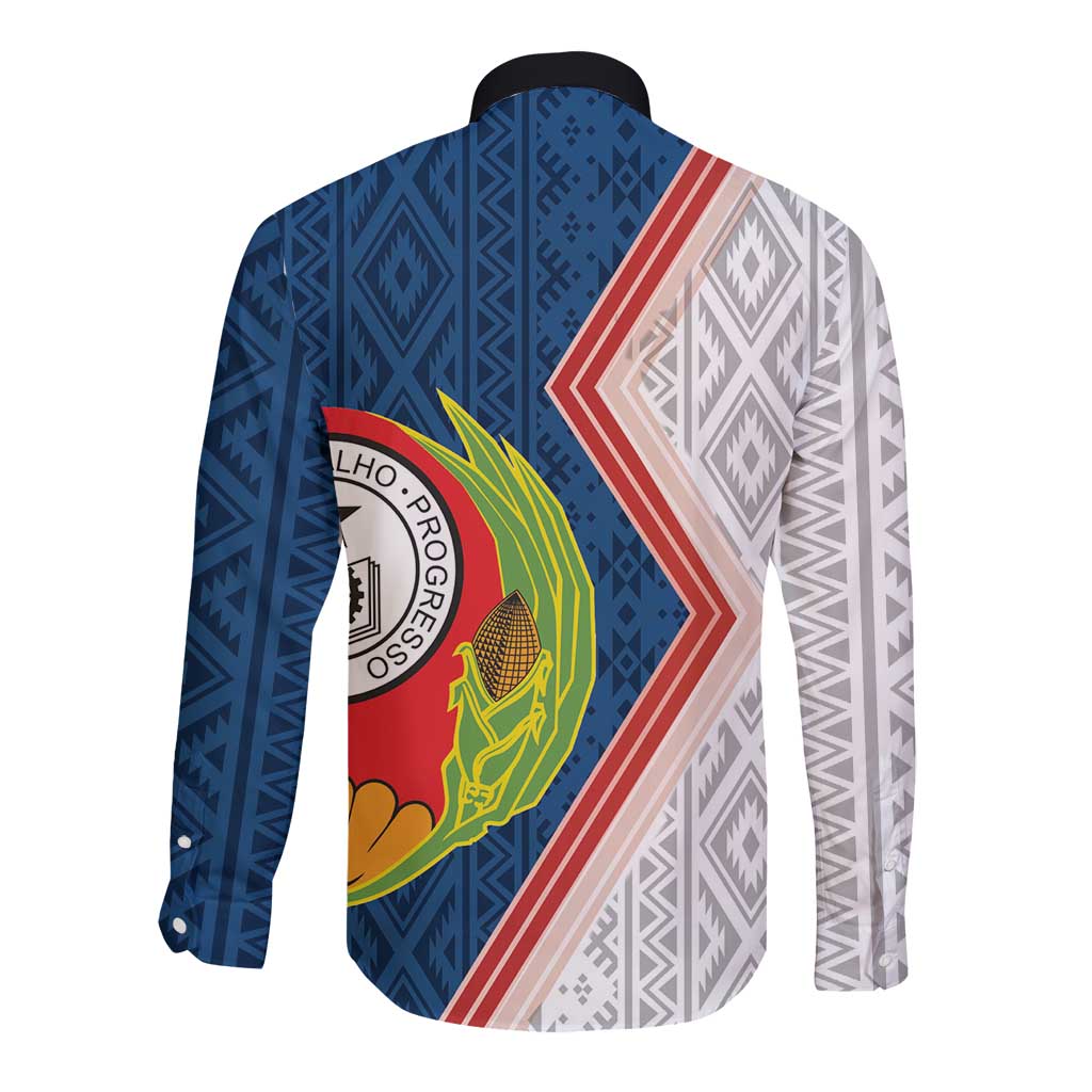 Long sleeve button shirt with blue-and-white geometric back, red stripe, crest
