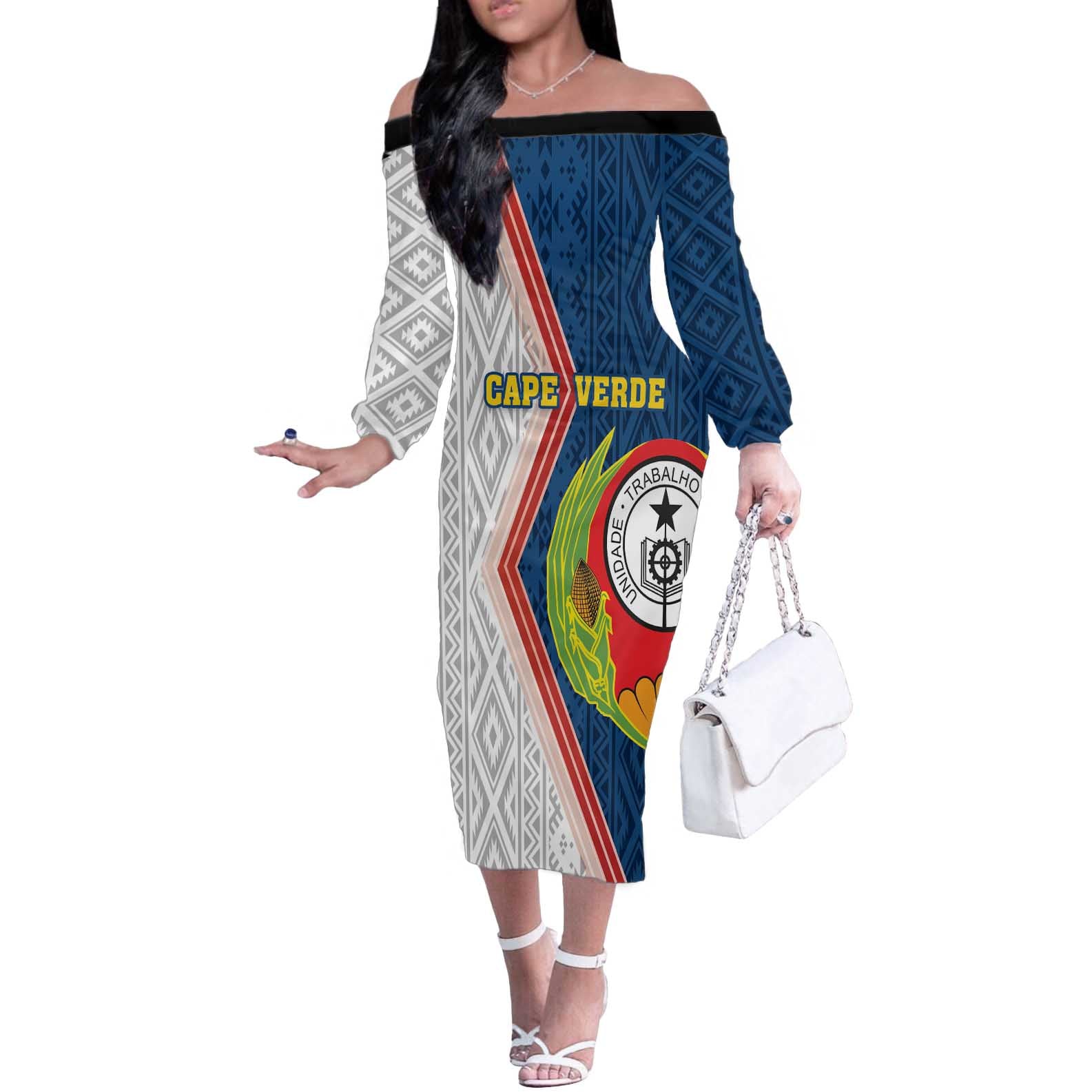 Cape Verde Off The Shoulder Long Sleeve Dress Verde Coat Of Arms And Pattern - Wonder Print Shop