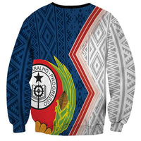 Unisex crewneck sweatshirt with circular emblem and horse graphic, blue/gray zigzag panels