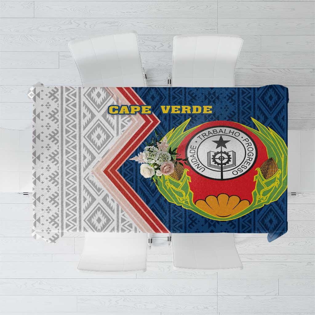 Blue tablecloth with Cape Verde coat of arms and geometric border, folded display