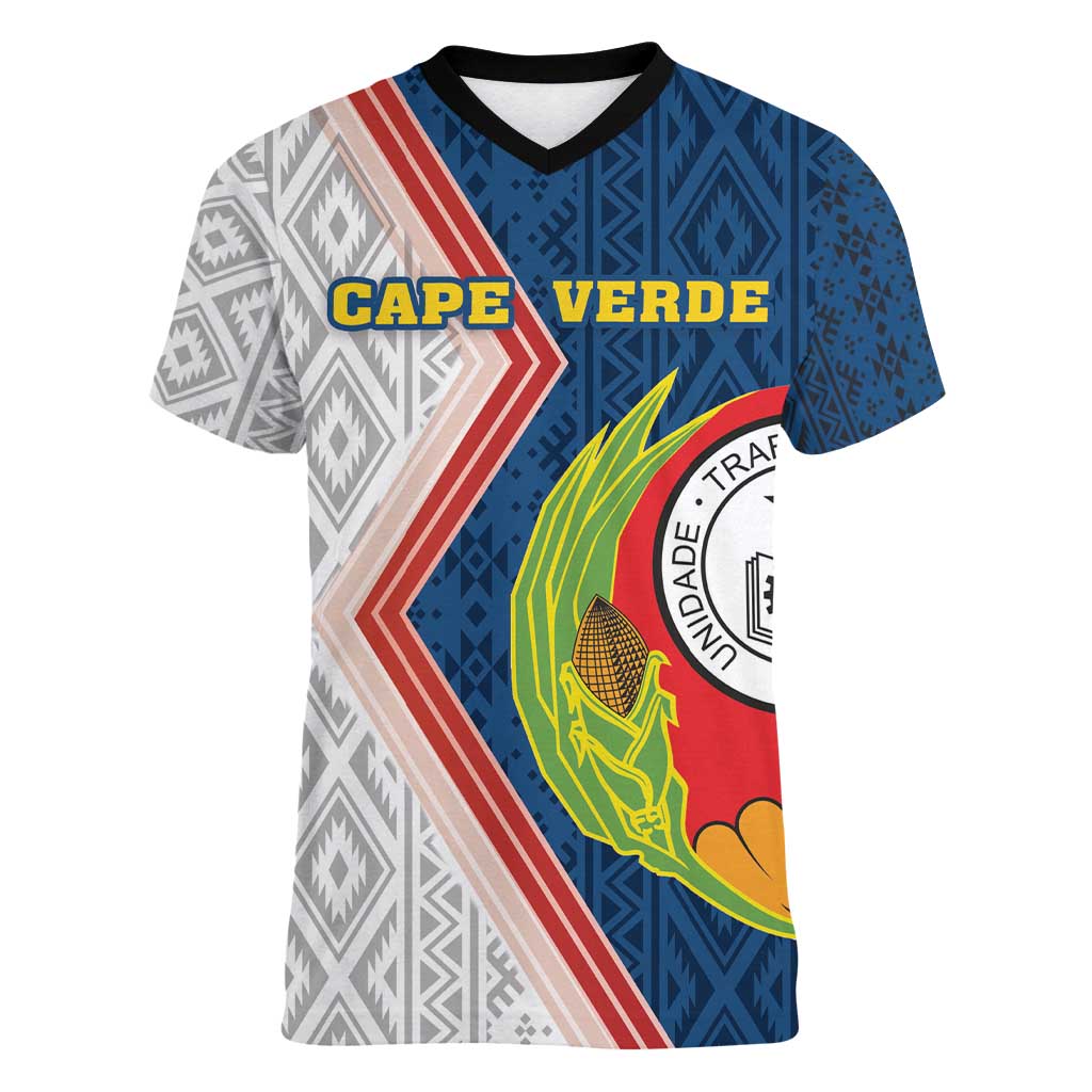 Cape Verde Women V-Neck T-Shirt Verde Coat Of Arms And Pattern - Wonder Print Shop