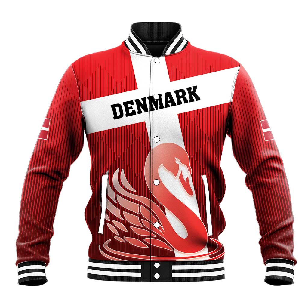 Red football baseball jacket with 'DENMARK' chest patch, white cross, swan graphic, button front