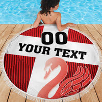 Round beach blanket with fringed edge, red-and-white 'YOUR TEXT' and 00 center.