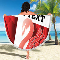 Round beach blanket with fringed edge, red striped background, 'YOUR TEXT' and mute swan art.