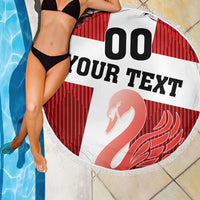 Round beach blanket with fringed edge, red-and-white design, 'YOUR TEXT' and 00.