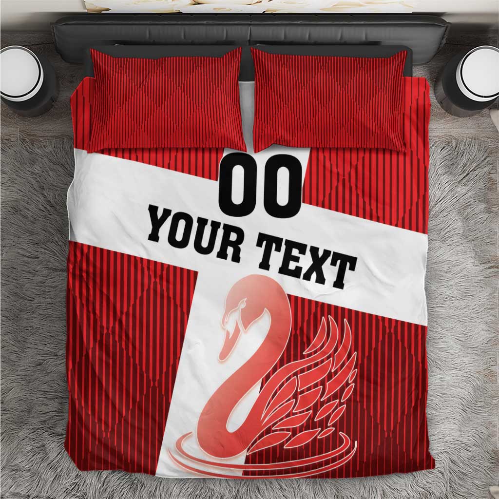 Red and white striped bedding set with “YOUR TEXT”, “00”, and a swan graphic on duvet