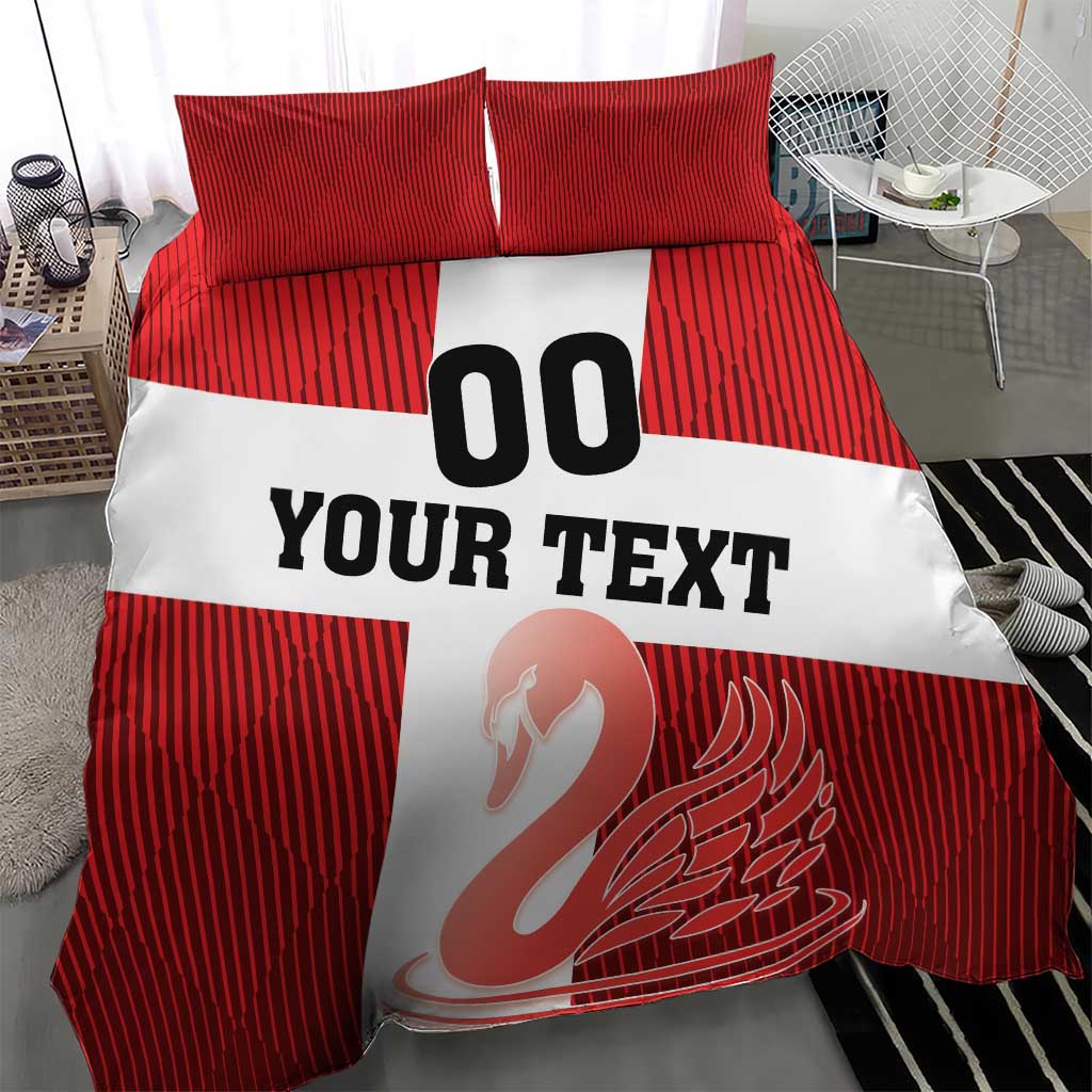 Red striped bedding set with white center stripe showing “YOUR TEXT” and swan emblem; two pillowcases