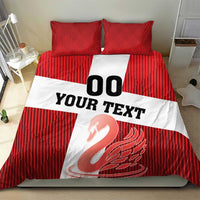 Red and white striped duvet cover with large “YOUR TEXT”, “00”, and swan graphic; matching pillows