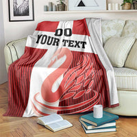 Custom football blanket in red and white with “00”, “YOUR TEXT”, swan artwork