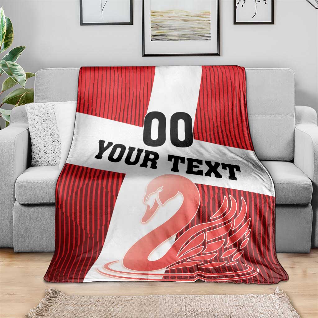 Red and white custom football blanket with “00”, “YOUR TEXT”, and swan artwork