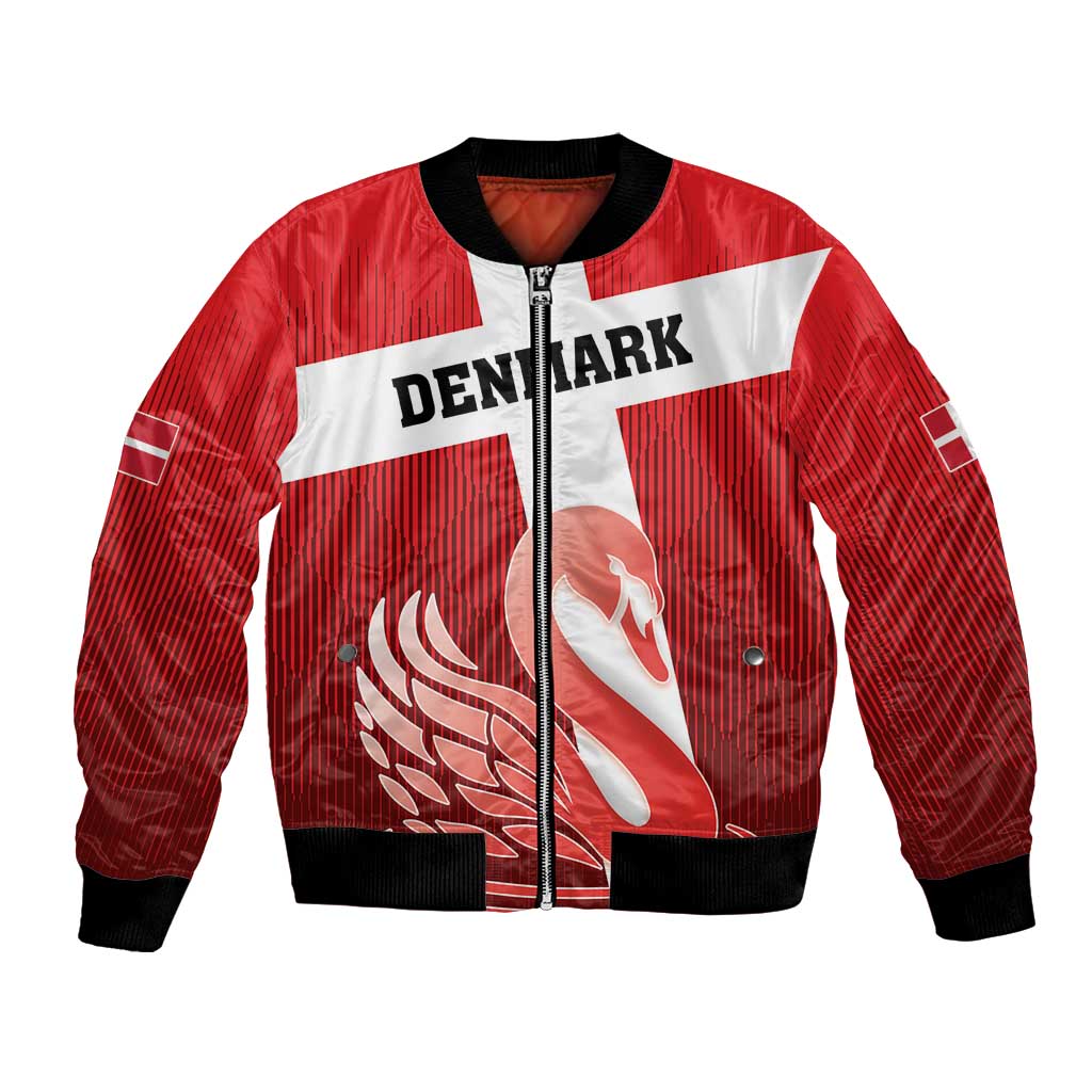 Red football bomber jacket with white stripe, full-zip, black trim, Denmark text & swan graphic