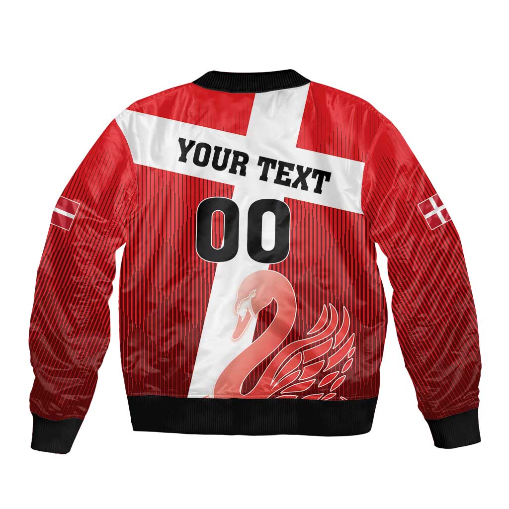 Red football bomber jacket with white panel, full-zip, black trim, Your Text 00 & swan graphic