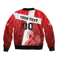 Red football bomber jacket with white panel, full-zip, black trim, Your Text 00 & swan graphic