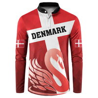 Red Denmark football button sweatshirt with white cross and swan graphic, black collar