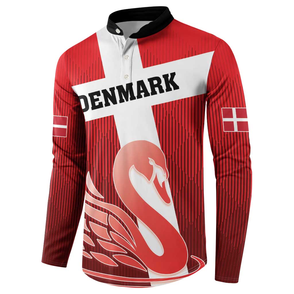 Red Denmark football button sweatshirt, white cross front with swan graphic, long sleeves