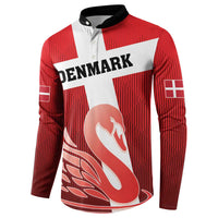 Red Denmark football button sweatshirt, white cross front with swan graphic, long sleeves