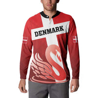 Red Denmark football button sweatshirt with white cross, swan graphic, black neck placket