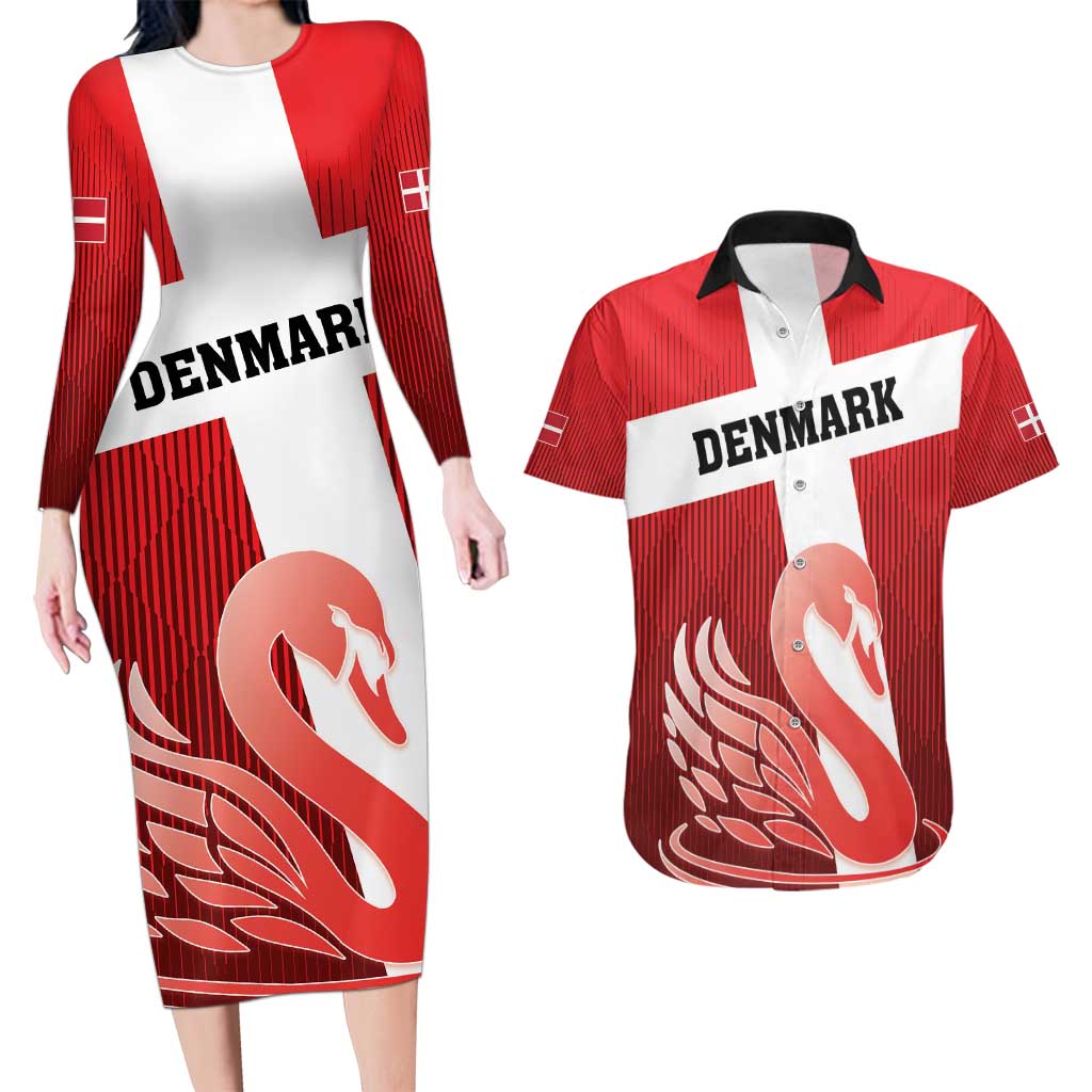 Custom Denmark Football Couples Matching Long Sleeve Bodycon Dress and Hawaiian Shirt Mute Swan - Wonder Print Shop