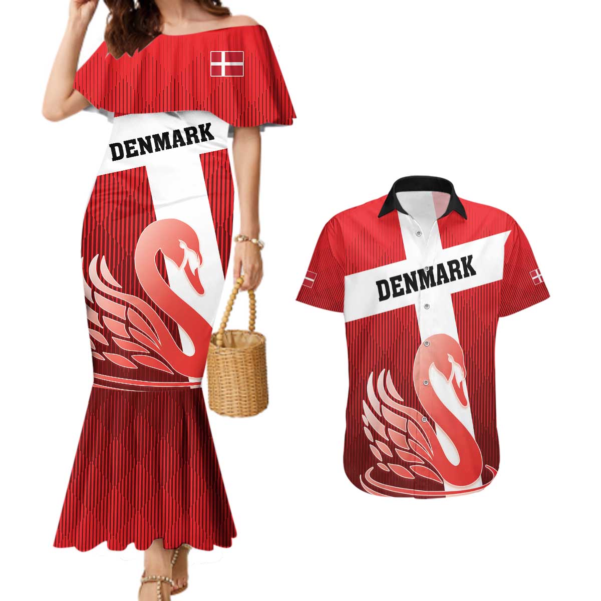 Custom Denmark Football Couples Matching Mermaid Dress and Hawaiian Shirt Mute Swan - Wonder Print Shop