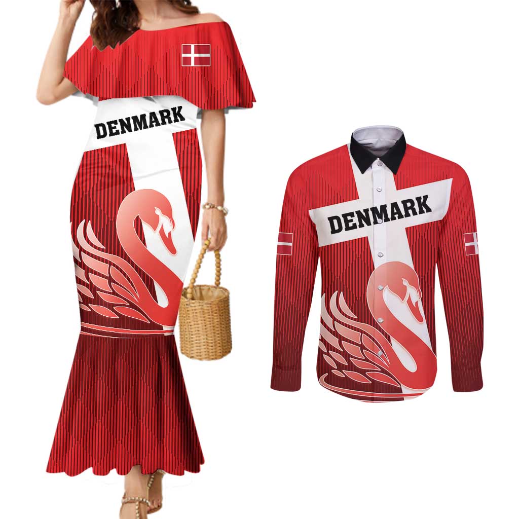 Custom Denmark Football Couples Matching Mermaid Dress and Long Sleeve Button Shirt Mute Swan