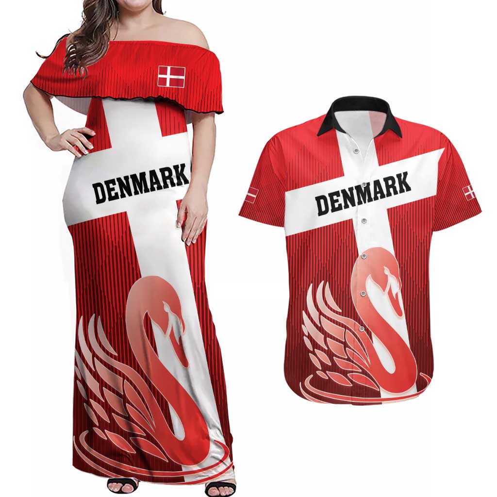 Custom Denmark Football Couples Matching Off Shoulder Maxi Dress and Hawaiian Shirt Mute Swan - Wonder Print Shop