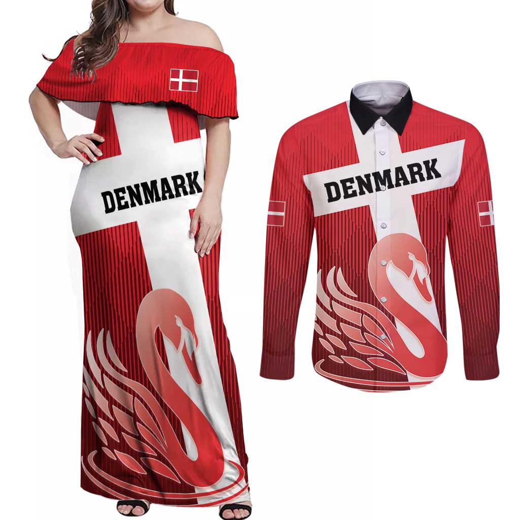 Custom Denmark Football Couples Matching Off Shoulder Maxi Dress and Long Sleeve Button Shirt Mute Swan - Wonder Print Shop