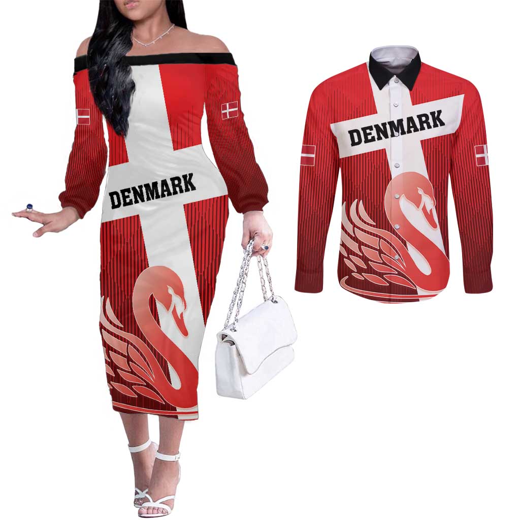 Custom Denmark Football Couples Matching Off The Shoulder Long Sleeve Dress and Long Sleeve Button Shirt Mute Swan