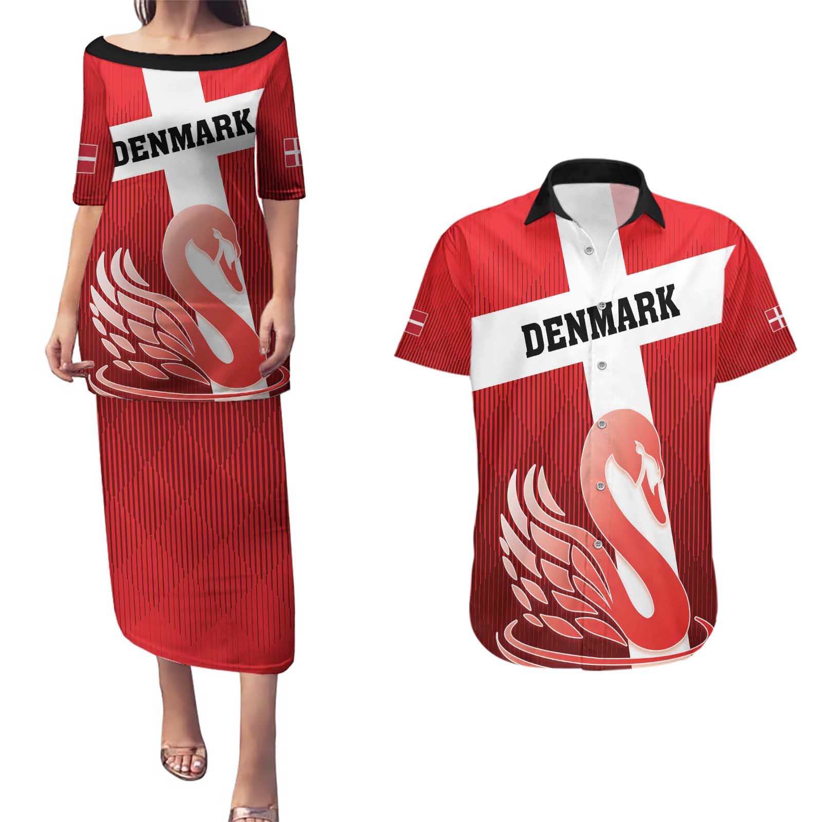 Custom Denmark Football Couples Matching Puletasi and Hawaiian Shirt Mute Swan - Wonder Print Shop