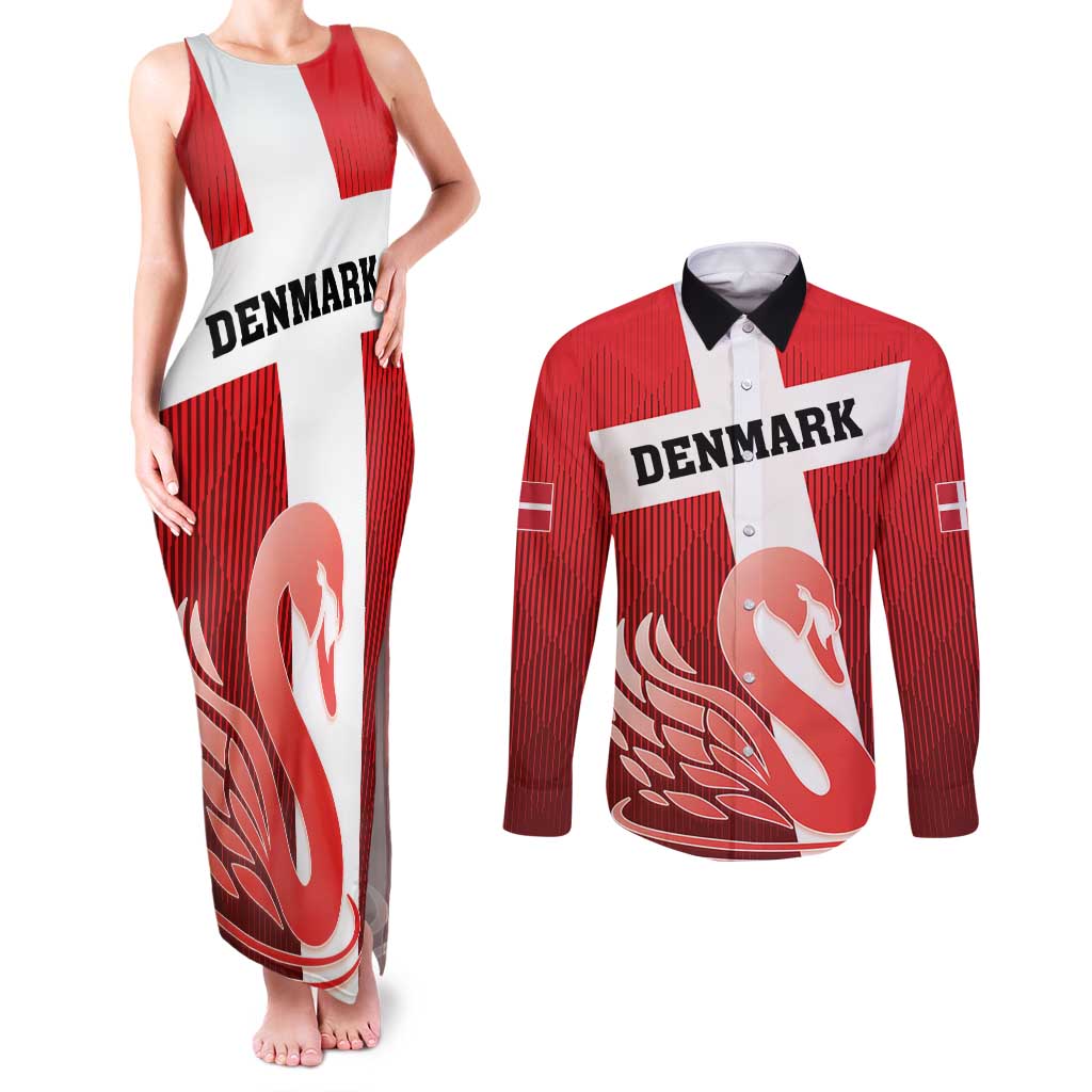 Custom Denmark Football Couples Matching Tank Maxi Dress and Long Sleeve Button Shirt Mute Swan - Wonder Print Shop