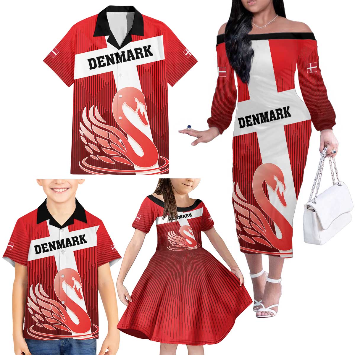 Custom Denmark Football Family Matching Off The Shoulder Long Sleeve Dress and Hawaiian Shirt Mute Swan - Wonder Print Shop