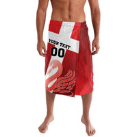 Red lavalava with white panel, 'YOUR TEXT 00', and swan print, knee-length