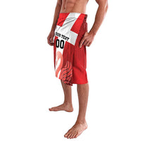 Red lavalava with white center stripe and swan graphic, 'YOUR TEXT 00', side view