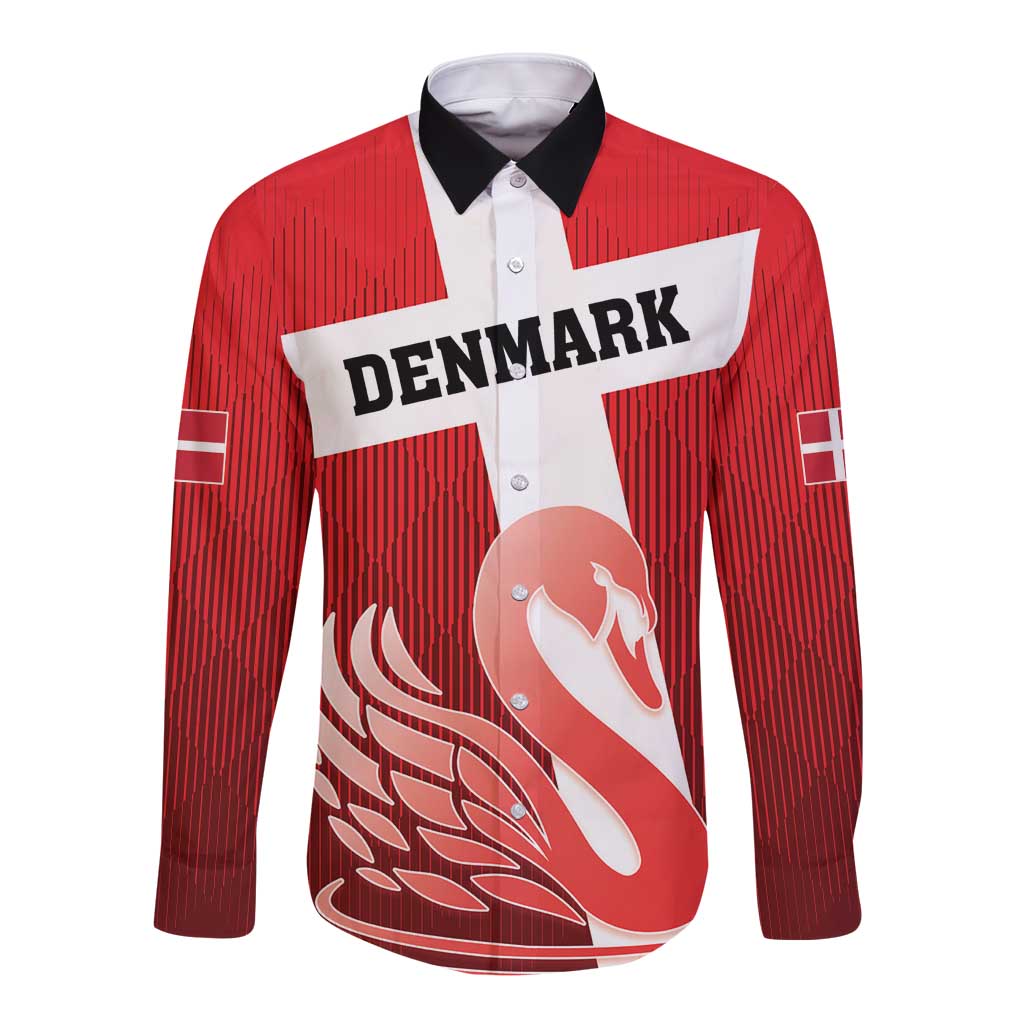 Custom Denmark Football Long Sleeve Button Shirt Mute Swan - Wonder Print Shop