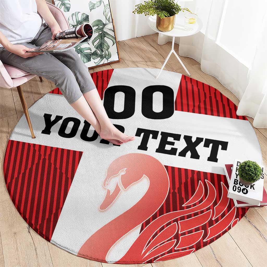 Custom football round rug, red/white striped design with '00' and 'YOUR TEXT'