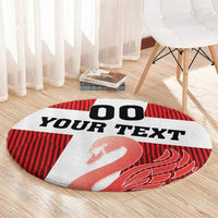 Custom football round rug, red/white with 'YOUR TEXT', '00', and swan silhouette