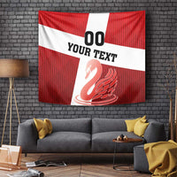 Red wall-hanging custom tapestry with white stripe, “YOUR TEXT”, and swan wing design