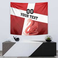 Red football-themed custom tapestry with white stripe, text area, and swan graphic