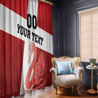 Red and white football window curtain with “YOUR TEXT” and a mute swan graphic near the edge.