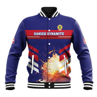 Blue varsity jacket with snap front, striped rib trim, front graphic with Danish Dynamite