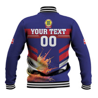 Blue baseball jacket with striped rib collar; back graphic with number 00 and flames